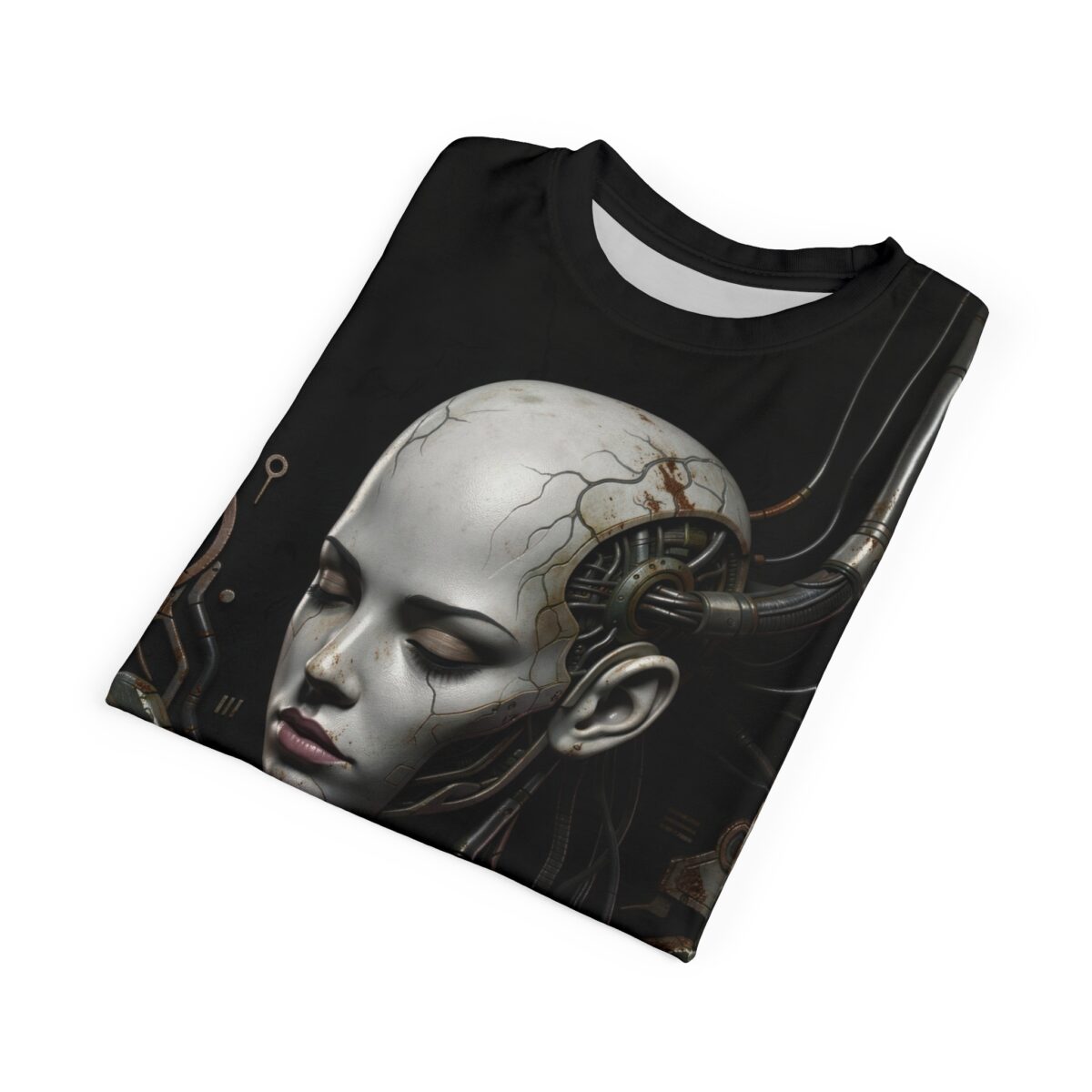 Black graphic t-shirt featuring a realistic cyberpunk robot head with intricate mechanical details and cracked porcelain skin. Cyber grunge aesthetic.