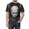Cyberpunk robot head with intricate wiring and mechanical parts graphic on a black all over print sublimation tee.