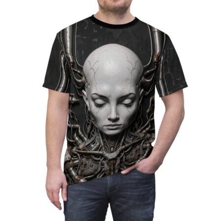 Cyberpunk robot head with intricate wiring and mechanical parts graphic on a black all over print sublimation tee.