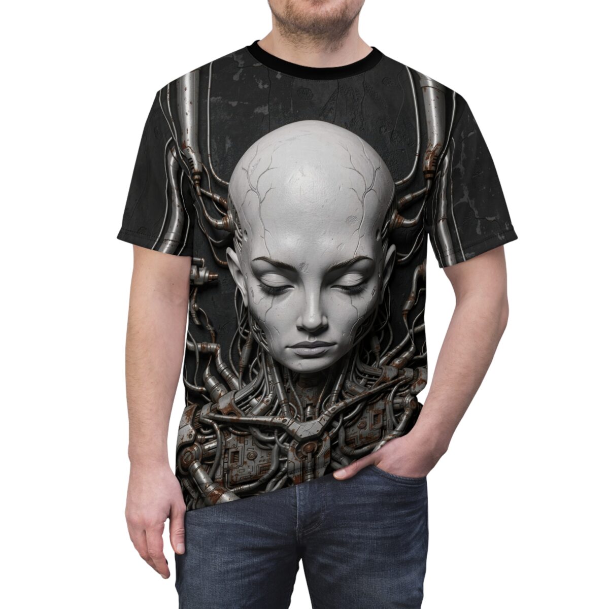 Cyberpunk robot head with intricate wiring and mechanical parts graphic on a black all over print sublimation tee.