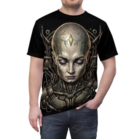 Black t-shirt with detailed cyberpunk robot head graphic, intricate mechanical wires and circuit board elements.
