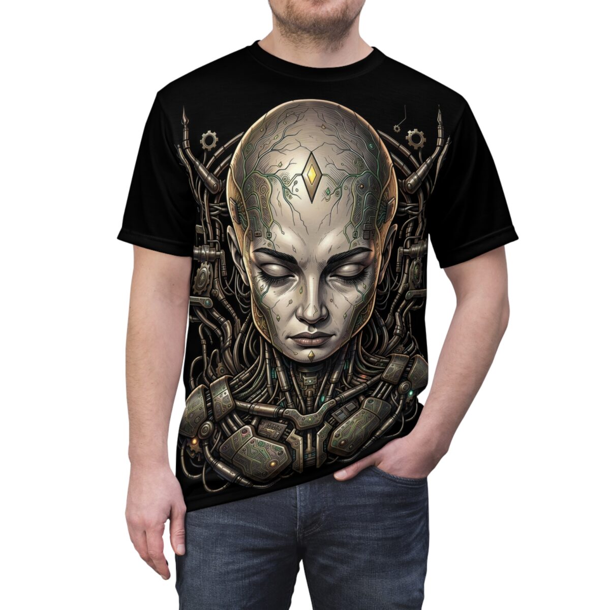 Black t-shirt with detailed cyberpunk robot head graphic, intricate mechanical wires and circuit board elements.