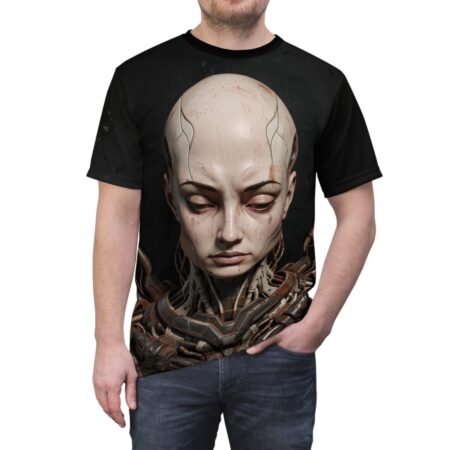 Cyberpunk robot head and mechanical neck detail on a black graphic t-shirt.