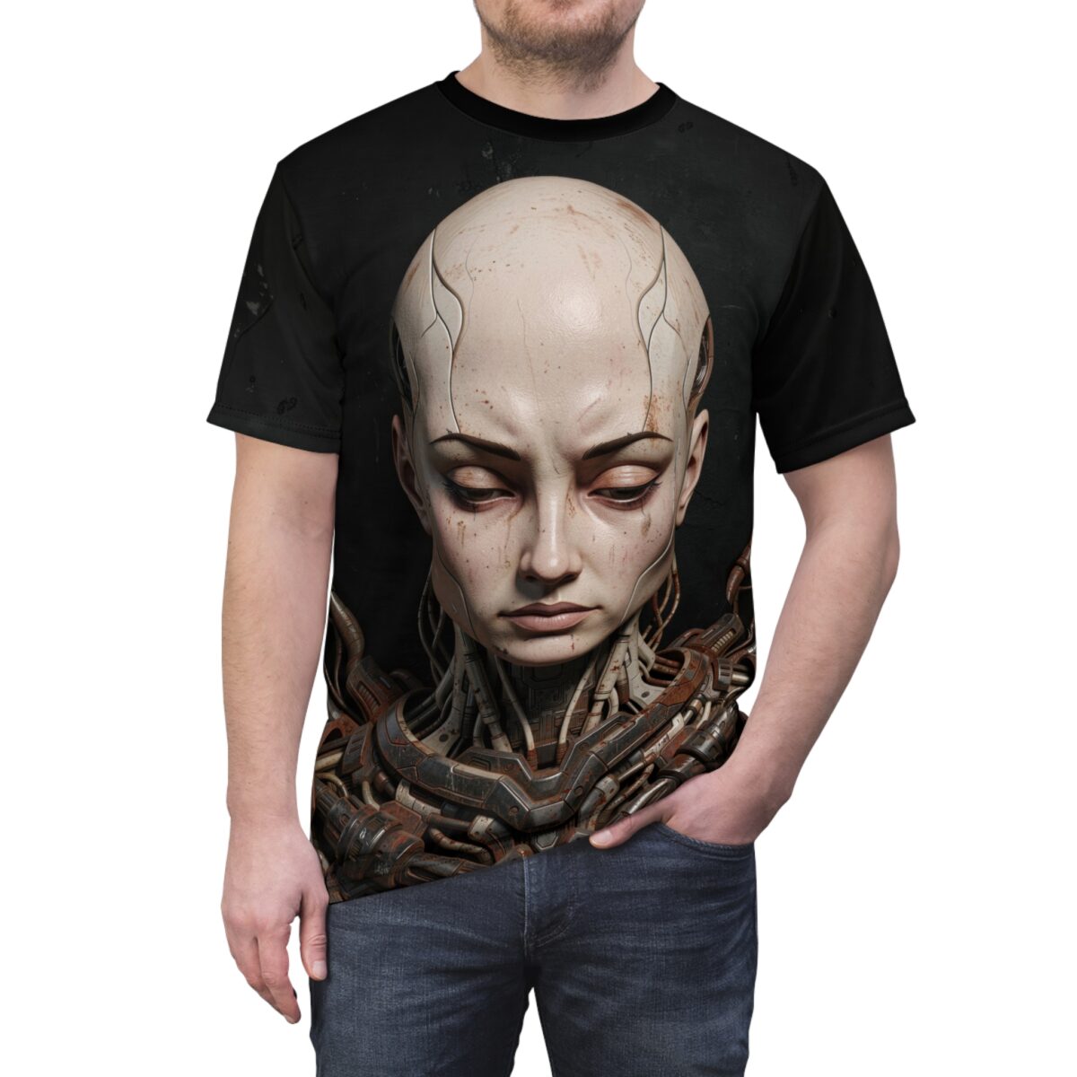Cyberpunk robot head and mechanical neck detail on a black graphic t-shirt.