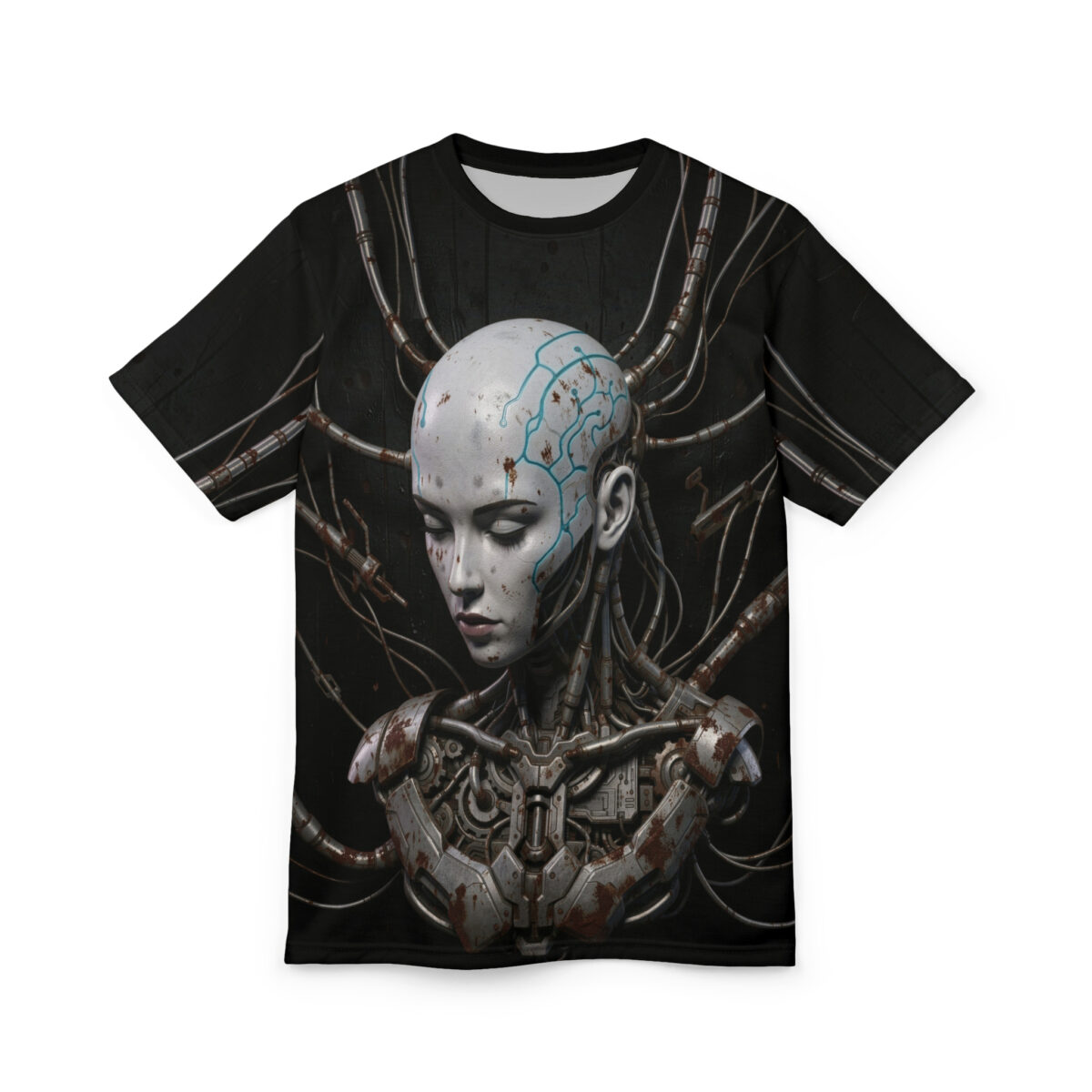 Black cyberpunk t-shirt featuring a detailed robot head with blue circuitry and metal plating, surrounded by wires.