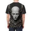 Cyberpunk robot head and intricate machinery graphic all over print sublimation tee, showcasing a detailed metallic cyborg face with wires.