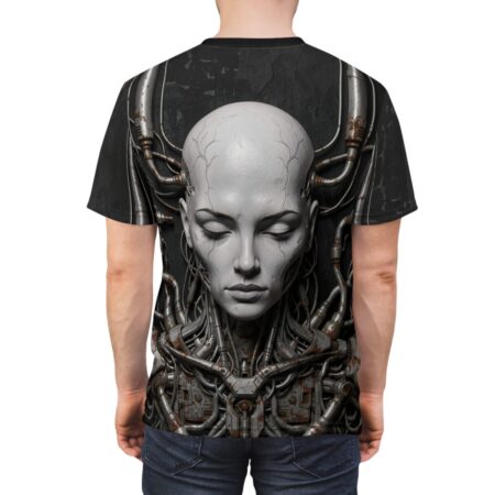 Cyberpunk robot head and intricate machinery graphic all over print sublimation tee, showcasing a detailed metallic cyborg face with wires.