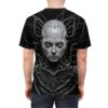 Cyberpunk robot head and mechanical body graphic all over print t-shirt with intricate wires and dark background.