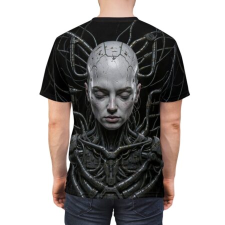 Cyberpunk robot head and mechanical body graphic all over print t-shirt with intricate wires and dark background.