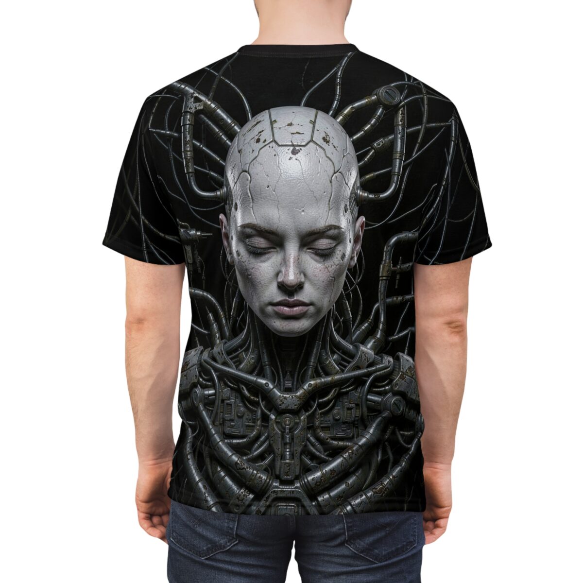 Cyberpunk robot head and mechanical body graphic all over print t-shirt with intricate wires and dark background.