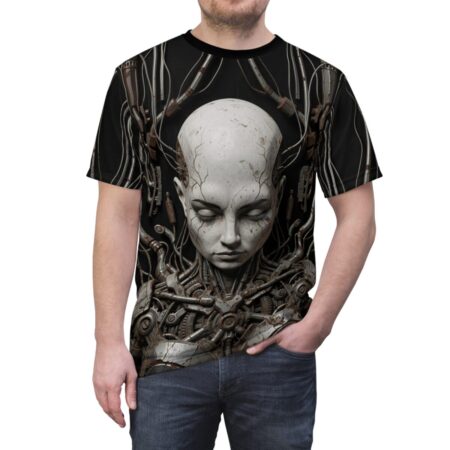 Cyberpunk all over print sublimation tee featuring a distressed robotic head and intricate mechanical details.