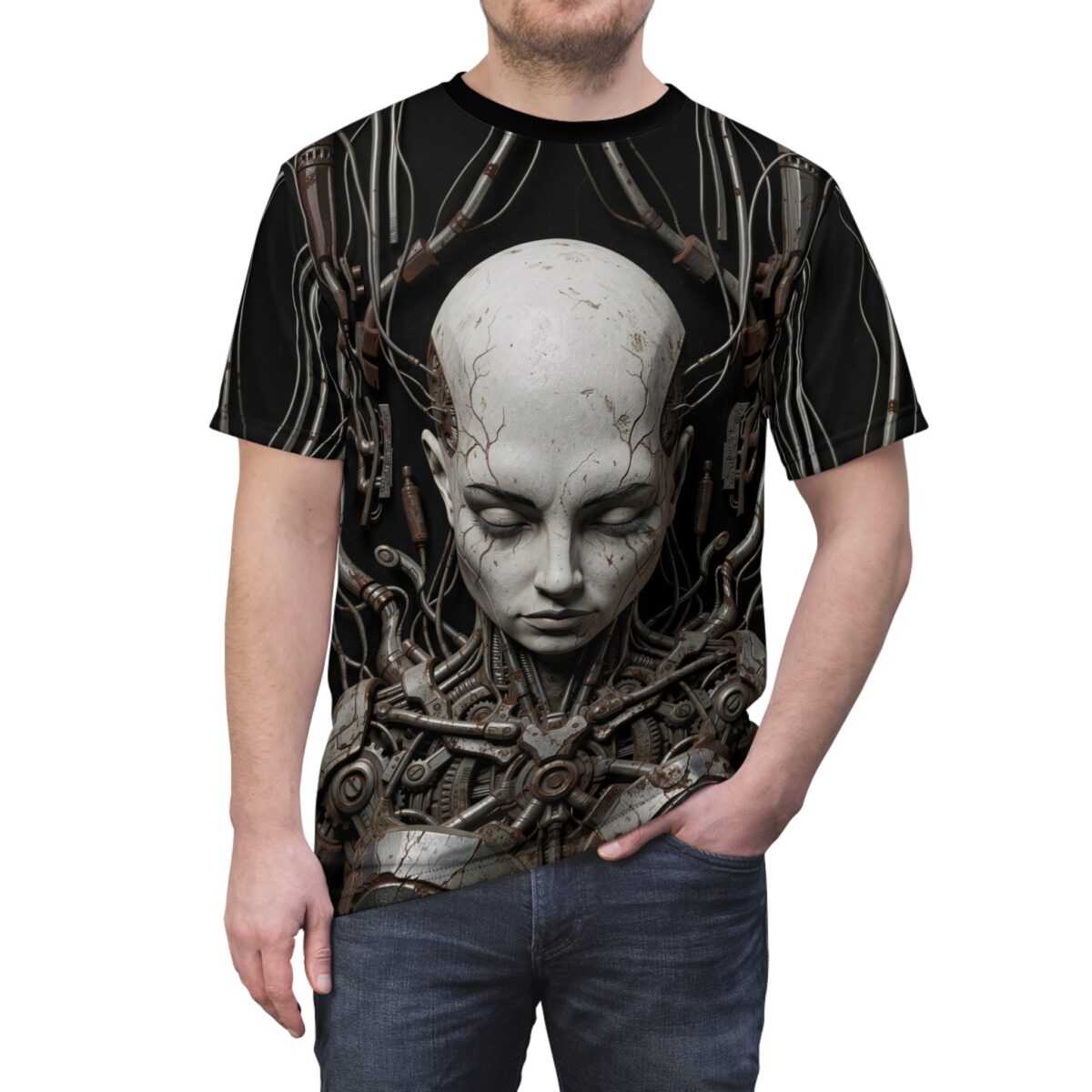 Cyberpunk all over print sublimation tee featuring a distressed robotic head and intricate mechanical details.