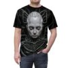 Cyberpunk robot head with intricate mechanical wiring all over print sublimation tee, dark sci-fi aesthetic.