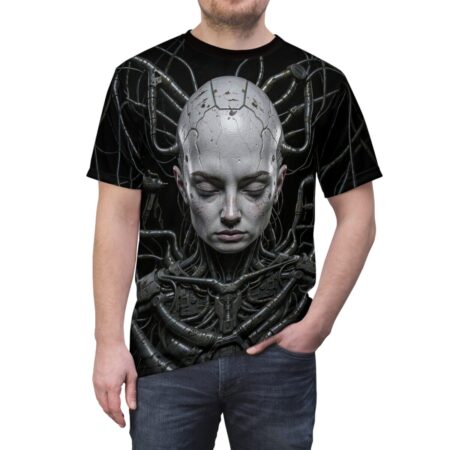 Cyberpunk robot head with intricate mechanical wiring all over print sublimation tee, dark sci-fi aesthetic.
