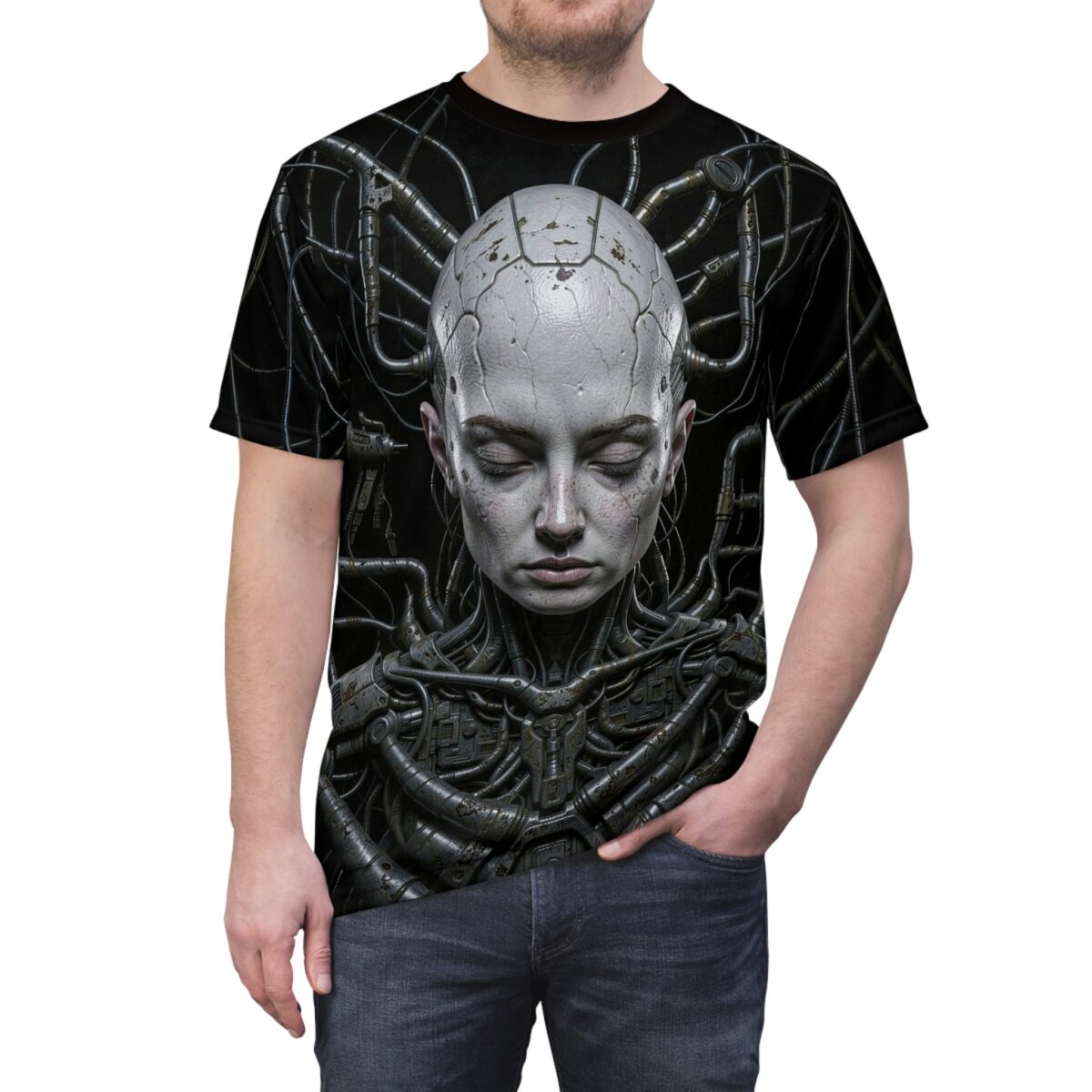 Cyberpunk robot head with intricate mechanical wiring all over print sublimation tee, dark sci-fi aesthetic.