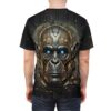 Robot monkey head graphic all over print sublimation tee with blue eyes and circuit board background.