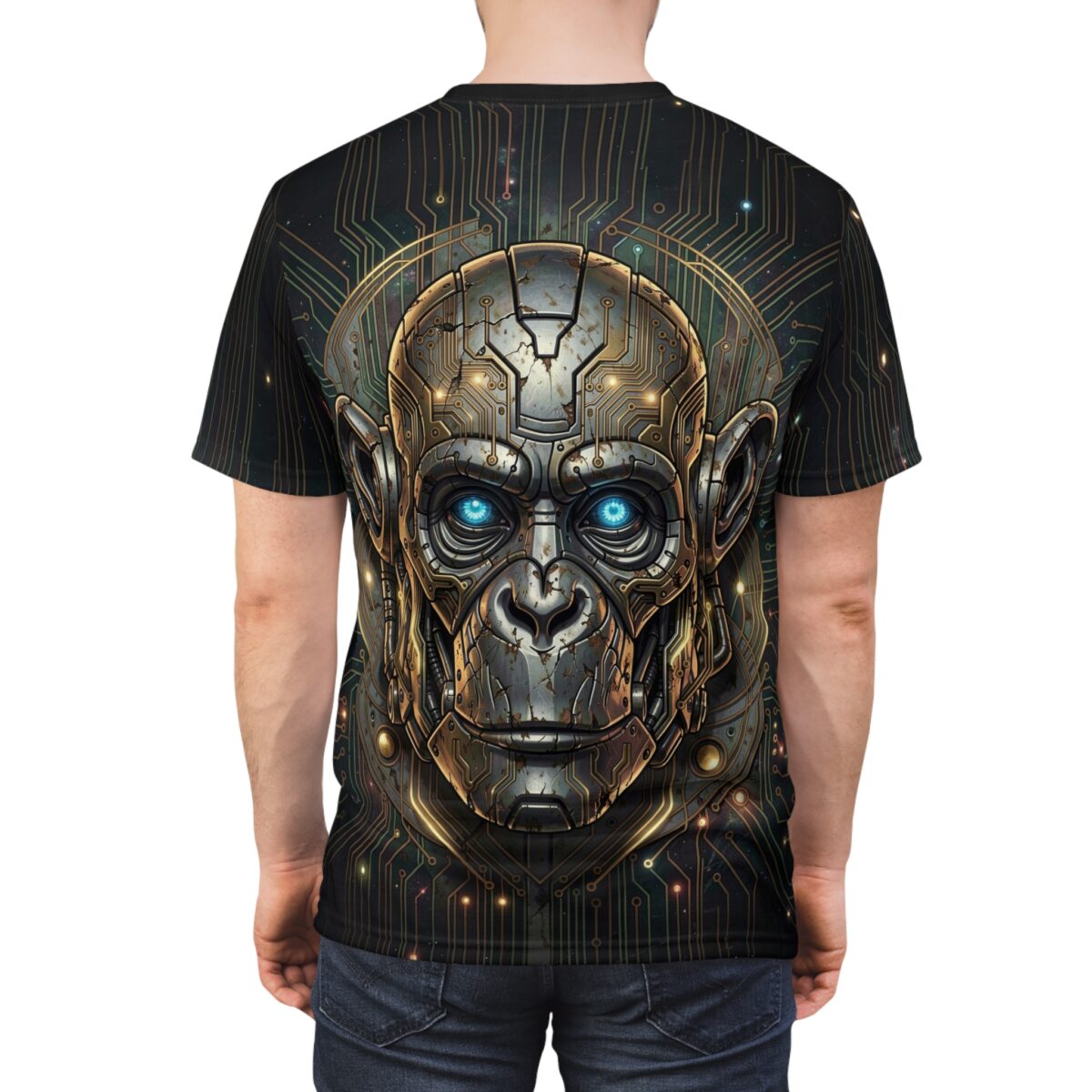 Robot monkey head graphic all over print sublimation tee with blue eyes and circuit board background.