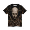 Cyberpunk robot portrait all over print sublimation tee featuring intricate mechanical details and a bald head with wires.