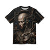 Cyberpunk robot portrait all over print t-shirt with intricate mechanical details and wires against a dark background.