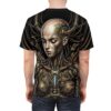 Cyberpunk robot portrait all over print sublimation tee featuring intricate mechanical details and a distressed futuristic aesthetic.