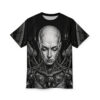 Cyberpunk robot portrait graphic t-shirt featuring intricate mechanical details and a stylized head.