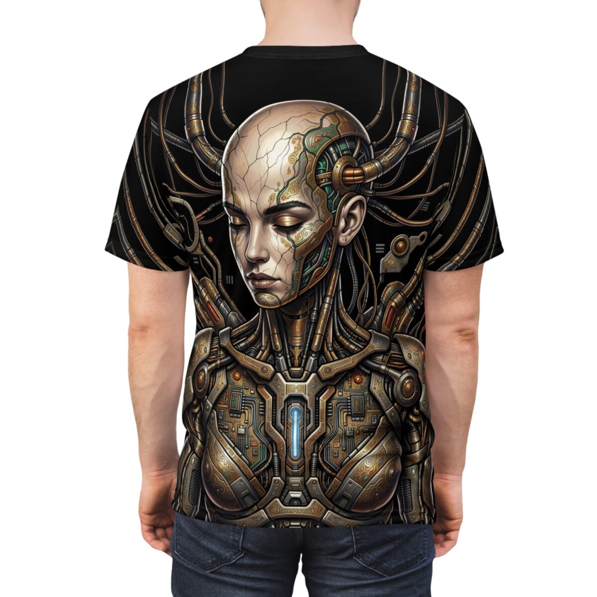 Cyberpunk robot portrait all over print sublimation tee featuring intricate mechanical details and a distressed futuristic aesthetic.