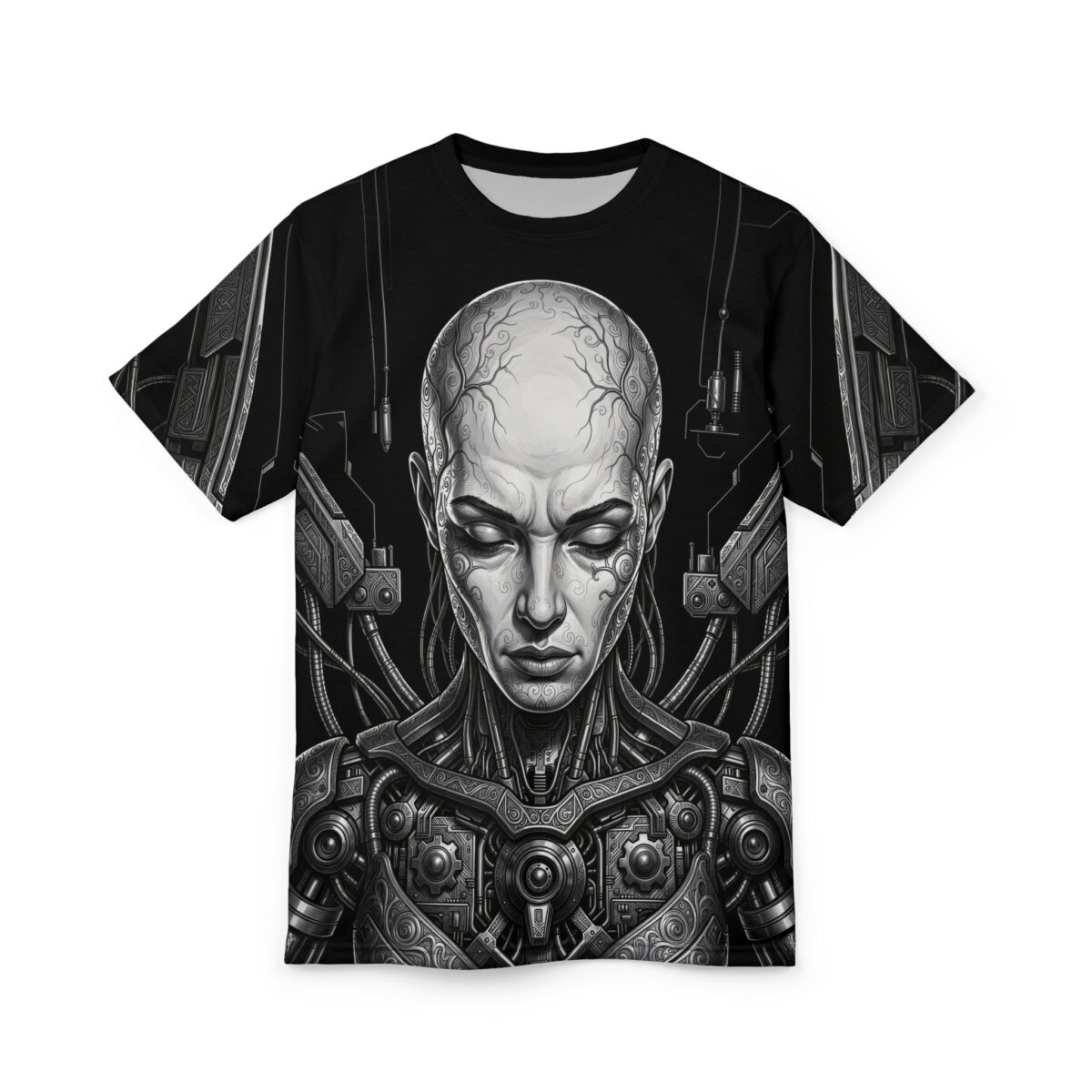 Cyberpunk robot portrait graphic t-shirt featuring intricate mechanical details and a stylized head.