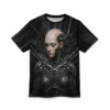 All over print cyberpunk sublimation tee featuring a distressed robot woman graphic with intricate mechanical details and wires.