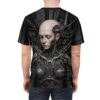 Cyberpunk robot woman design on a black all-over print sublimation tee, featuring intricate mechanical details and a realistic portrait.