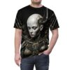 Cyberpunk robot woman with intricate mechanical details and wires, featured on a black all-over print sublimation tee.