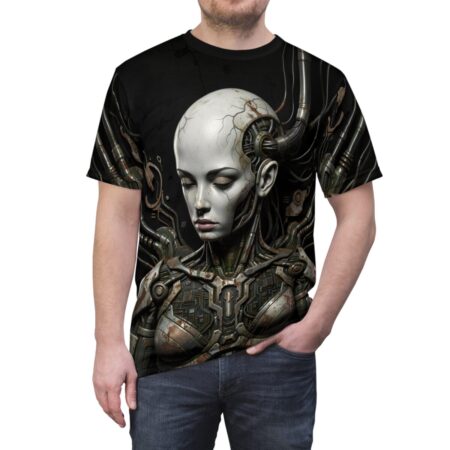 Cyberpunk robot woman with intricate mechanical details and wires, featured on a black all-over print sublimation tee.