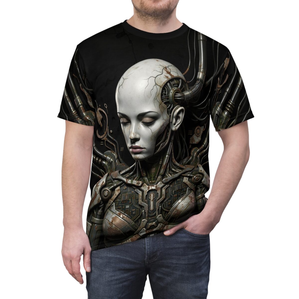 Cyberpunk robot woman with intricate mechanical details and wires, featured on a black all-over print sublimation tee.