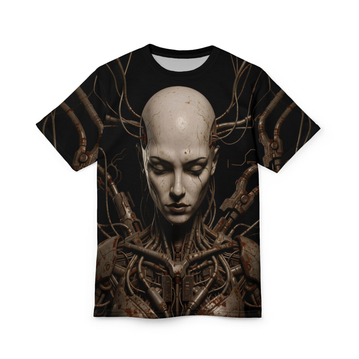 Cyberpunk robot woman all over print sublimation tee with intricate mechanical details and wires. Streetwear aesthetic.