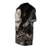 Cyberpunk robot woman graphic sublimation tee with intricate mechanical details and cracked porcelain face, all over print design.