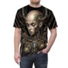 Cyberpunk robot woman with intricate mechanical details and wires on a black graphic t-shirt.