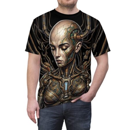 Cyberpunk robot woman with intricate mechanical details and wires on a black graphic t-shirt.