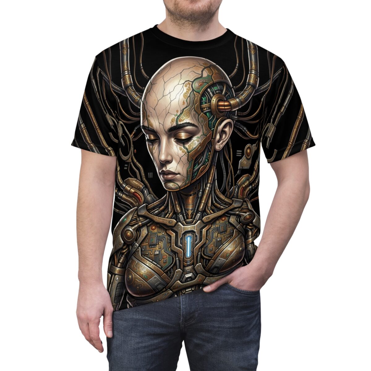 Cyberpunk robot woman with intricate mechanical details and wires on a black graphic t-shirt.