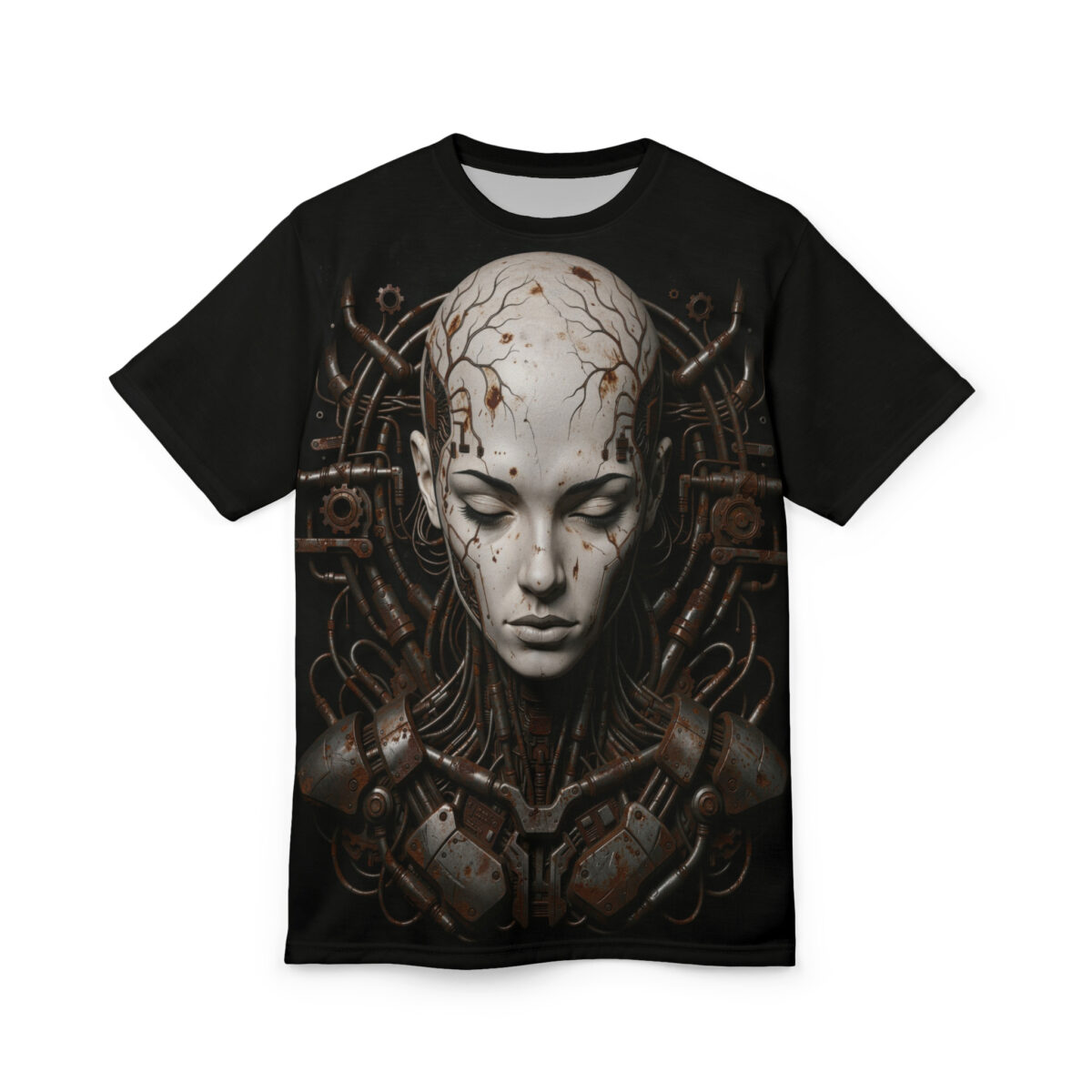 Black tee with cyberpunk robot woman graphic, featuring detailed mechanical enhancements and intricate facial features. A striking digital art design.