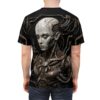 Cyberpunk robotic head and intricate wiring all-over print t-shirt, featuring detailed metallic textures and a dark, futuristic aesthetic.