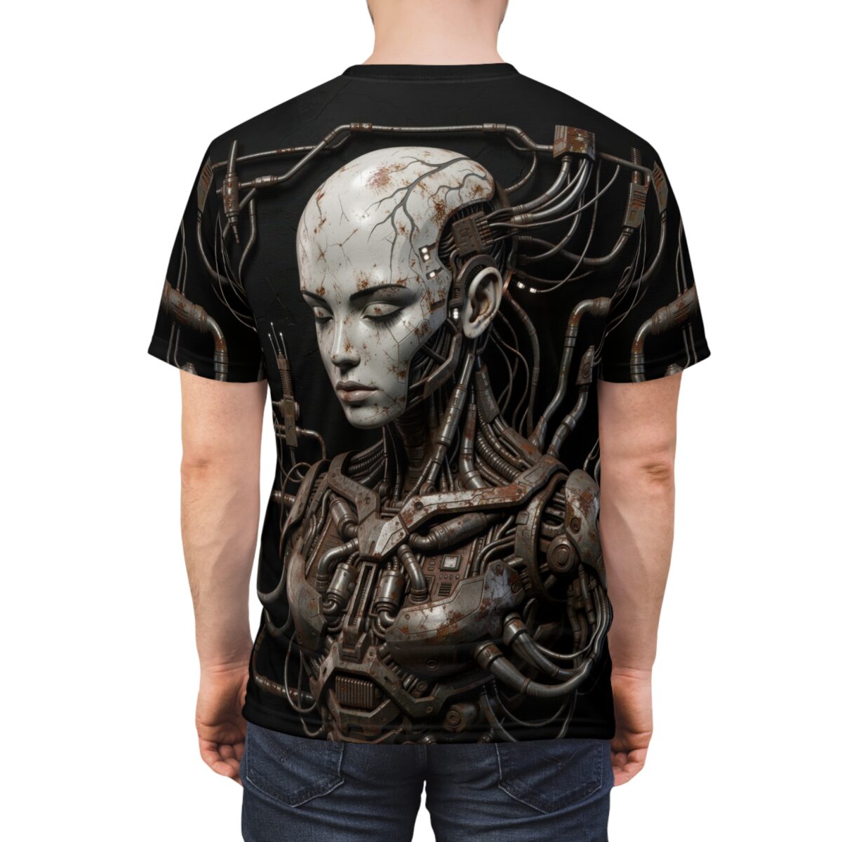 Cyberpunk robotic head and intricate wiring all-over print t-shirt, featuring detailed metallic textures and a dark, futuristic aesthetic.