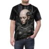 Cyberpunk robotic woman portrait all over print sublimation tee with intricate mechanical details and cables.