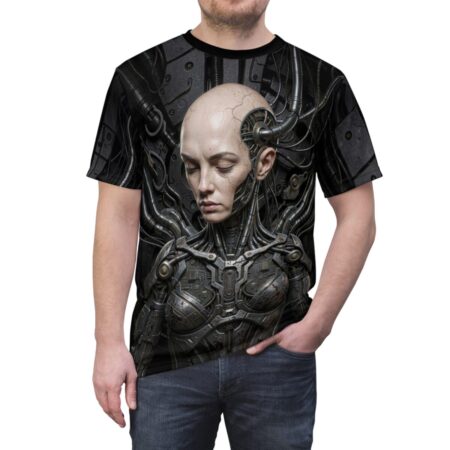 Cyberpunk robotic woman portrait all over print sublimation tee with intricate mechanical details and cables.