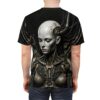 Cyberpunk robotic woman all over print sublimation tee featuring intricate mechanical details and a distressed aesthetic.