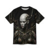 Cyberpunk robotic woman all over print sublimation tee, featuring distressed metal armor and intricate circuitry. Streetwear aesthetic design.