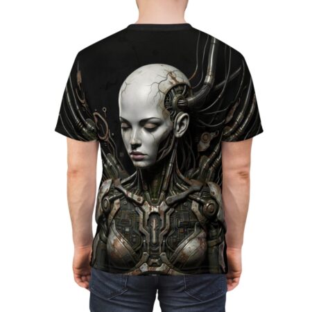 Cyberpunk robotic woman all over print sublimation tee featuring intricate mechanical details and a distressed aesthetic.