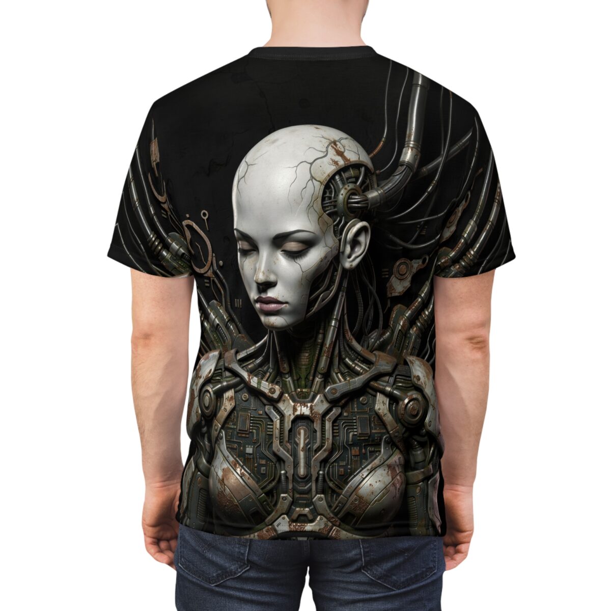 Cyberpunk robotic woman all over print sublimation tee featuring intricate mechanical details and a distressed aesthetic.