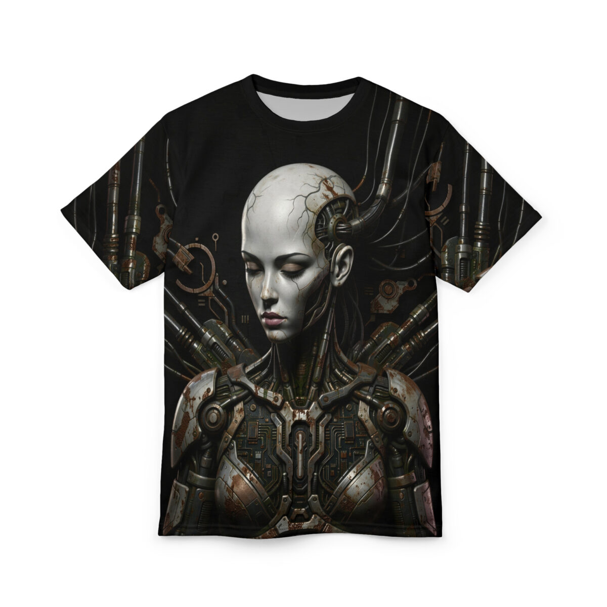Cyberpunk robotic woman all over print sublimation tee, featuring distressed metal armor and intricate circuitry. Streetwear aesthetic design.