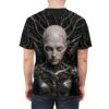 Cyberpunk robotic woman with intricate mechanical details and dark wiring, featured on a black all over print sublimation tee.
