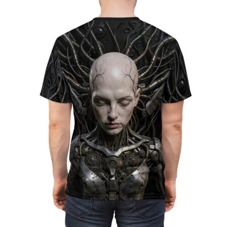 Cyberpunk robotic woman with intricate mechanical details and dark wiring, featured on a black all over print sublimation tee.