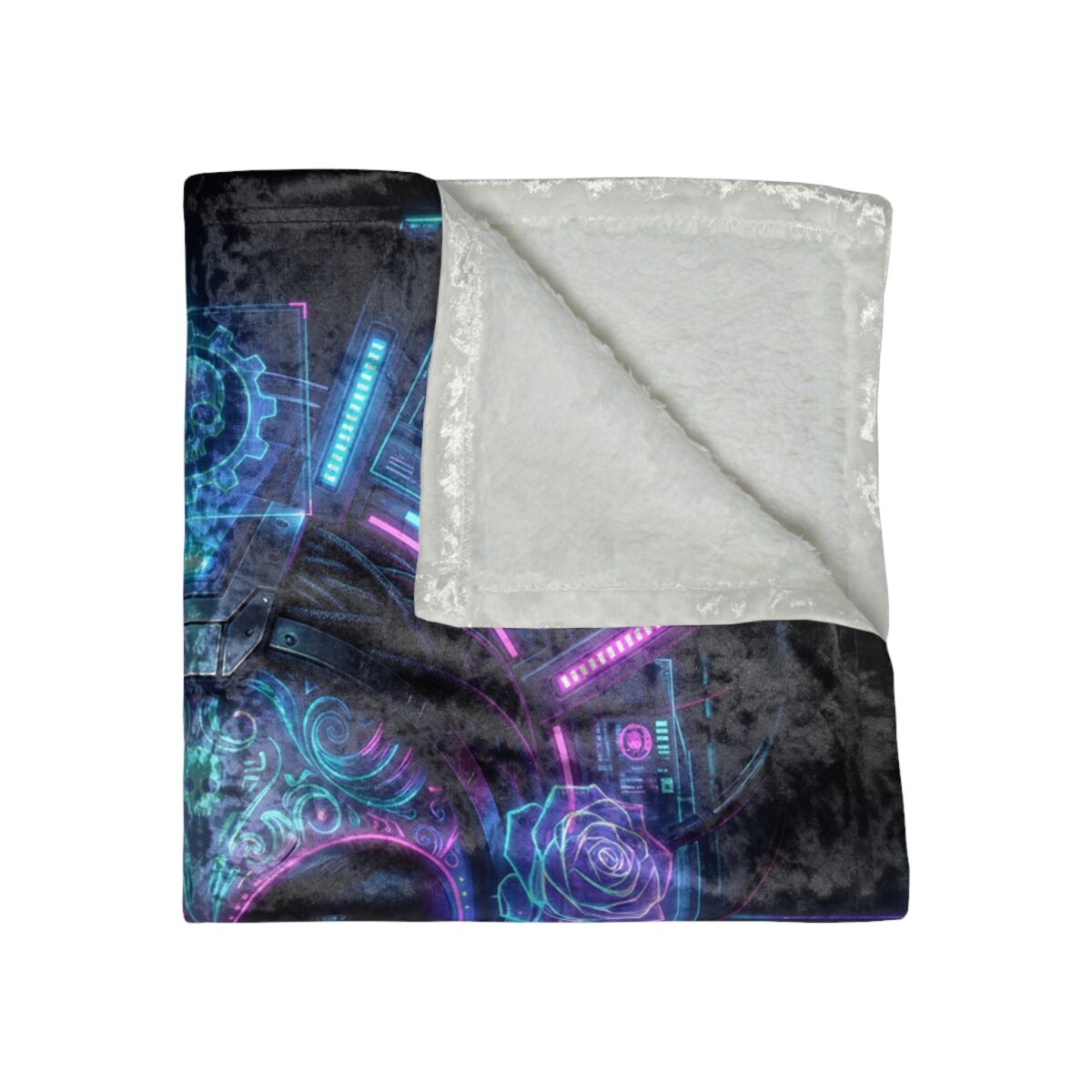 Cyberpunk fleece blanket featuring a neon rose, gears, and futuristic circuit board design. Cozy and stylish.